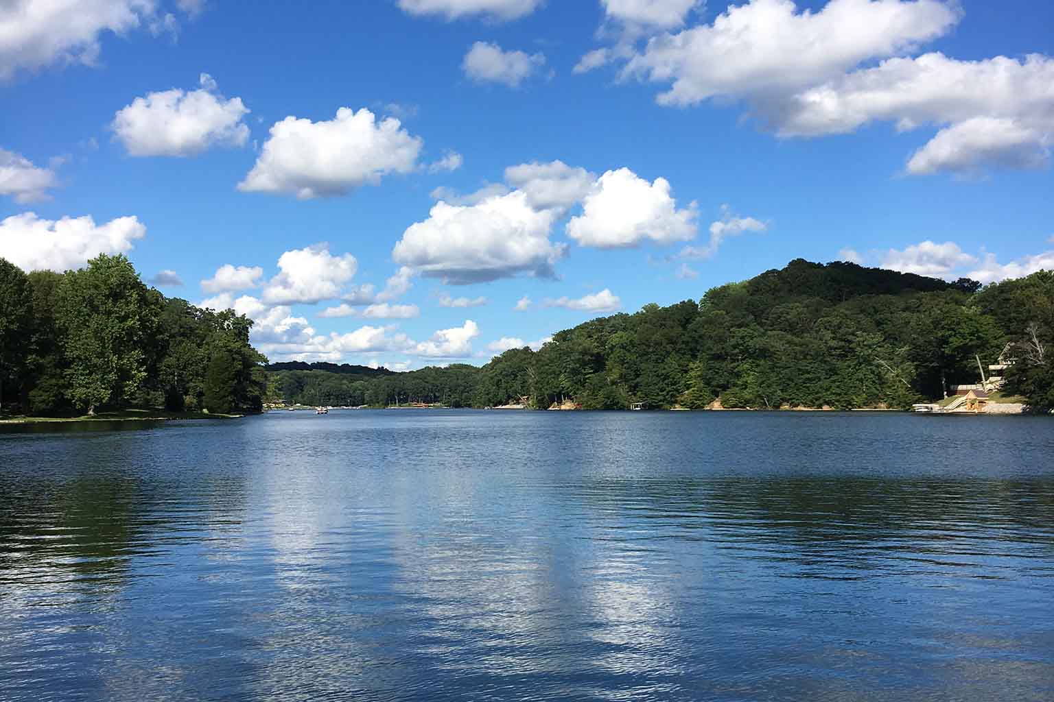 Blue skies and greenery surround a placid lake